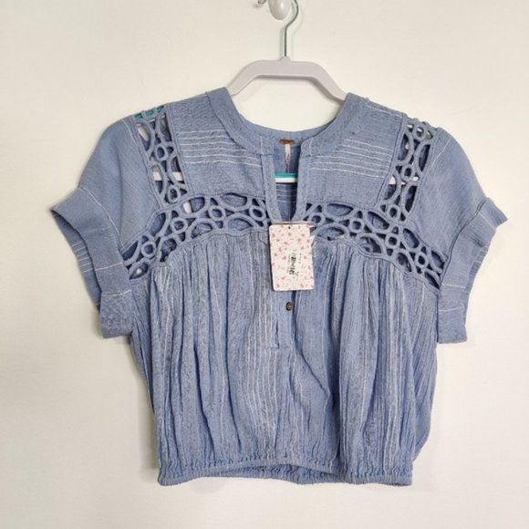FREE PEOPLE Cedar Lace Trim Popover Blue Blouse NWT XS - Picture 8 of 10